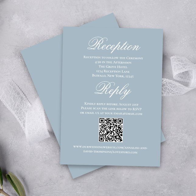 Dusty Blue Wedding Script RSVP Reception  Enclosure Card (Elegant dusty blue reception and RSVP card.)
