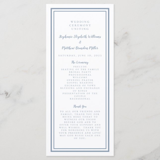 Dusty Blue Wedding Service Ceremony Modern Simple Programme (Front)