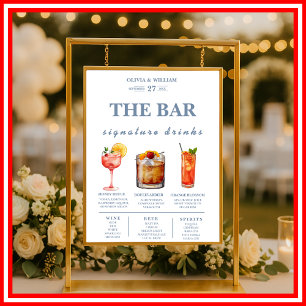 Dusty Blue Wedding Signature Drinks Bar Menu Poster