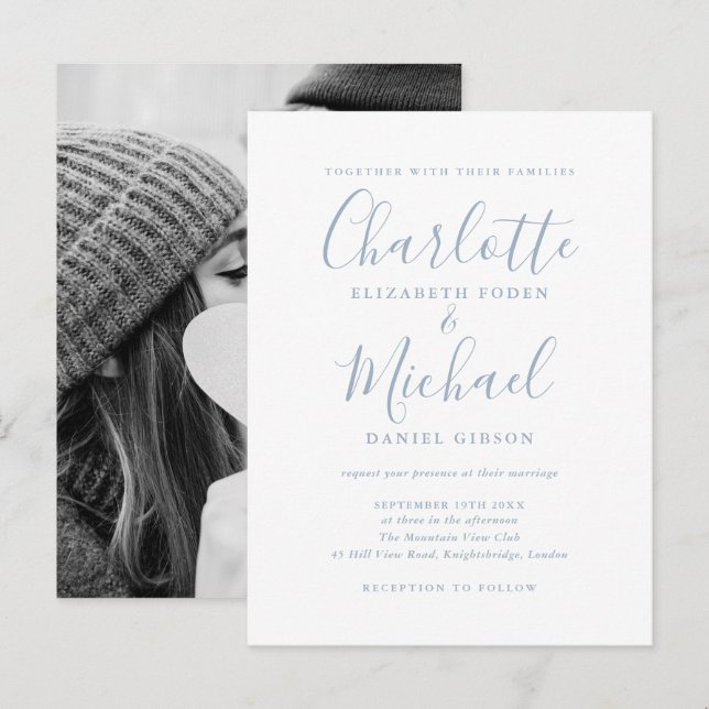 Dusty Blue Wedding Signature Script Invitation Postcard (Front/Back)