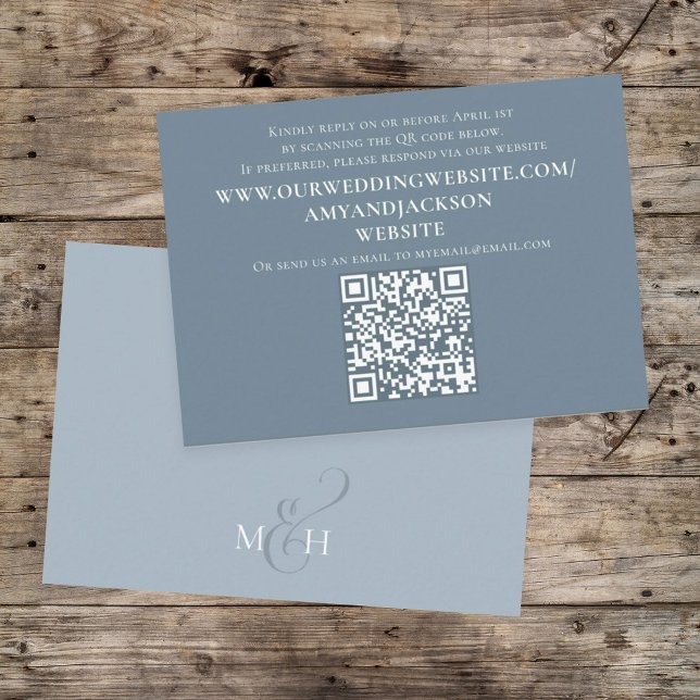 Dusty Blue Wedding Simple Minimal QR Code Website Enclosure Card (Dusty blue wedding RSVP card with QR code. )