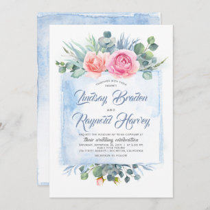 Dusty Blue Wedding   Slate Blue and Blush Pink Invitation
