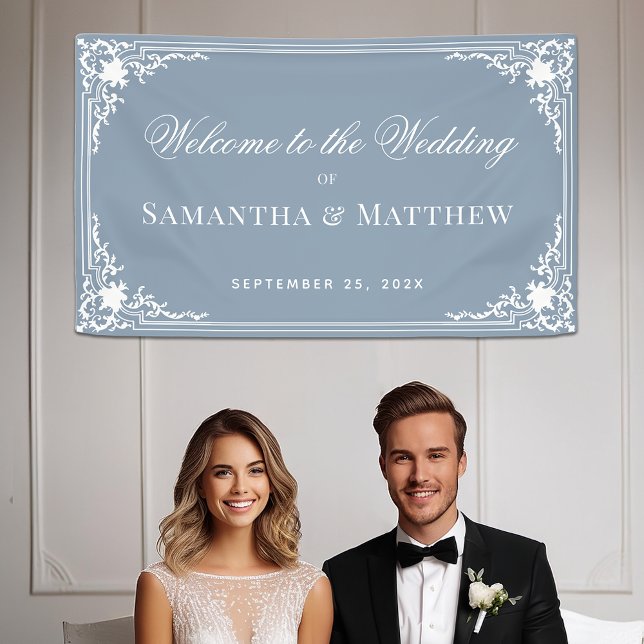 Dusty Blue Wedding Vintage Elegant White Script  Banner (Creator Uploaded)