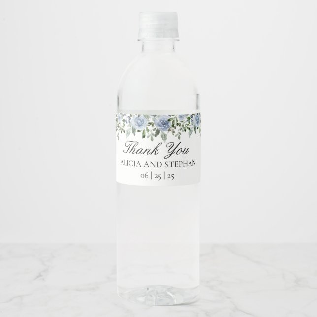 Dusty Blue Wedding Water Bottle Labels (Front)