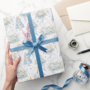 Dusty Blue Wedding Watercolor Florals & Cake Wrapping Paper