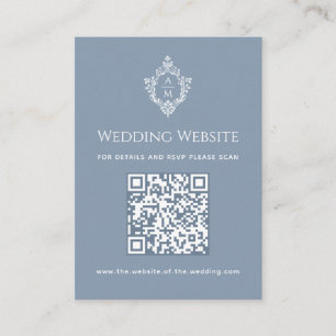 Dusty Blue Wedding Website Vintage Crest QR Code Enclosure Card