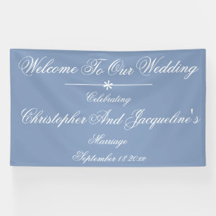 Dusty Blue Wedding White Script Names Backdrop Banner