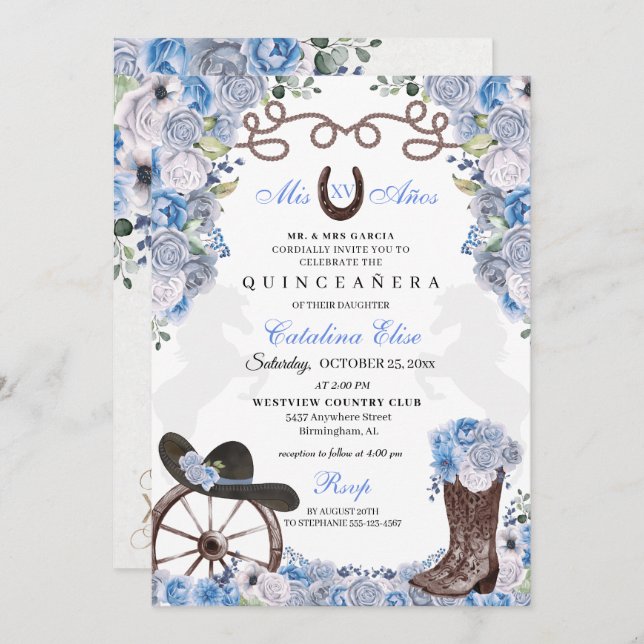 Dusty Blue Western Charra Ranchero Quinceanera Invitation (Front/Back)
