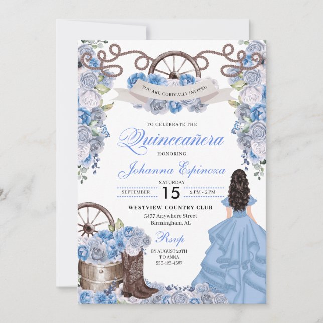 Dusty Blue Western Ranchero Quinceanera Invitation (Front)