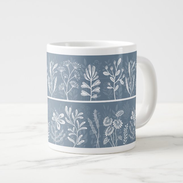 Dusty Blue Whimsical Botanical Silhouettes Large Coffee Mug (Front Right)