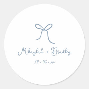 Dusty Blue Whimsical Bow Personalised Wedding Classic Round Sticker