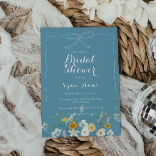 Dusty Blue Whimsical Bow Wildflower Bridal Shower Invitation