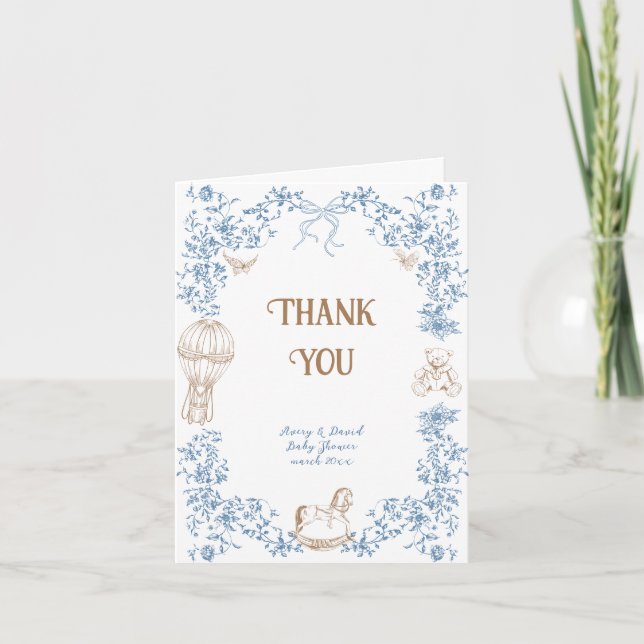 Dusty Blue Whimsical Floral Toile Baby Shower Thank You Card (Front)