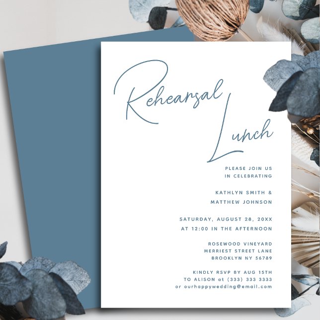 Dusty Blue Whimsical Script Chic Rehearsal Lunch Invitation (Creator Uploaded)