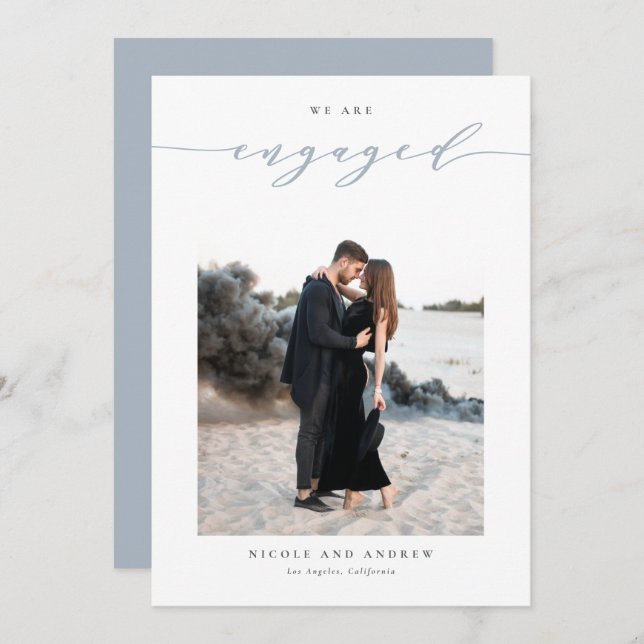 Dusty Blue Whimsical Script Photo Engagement Announcement (Front/Back)