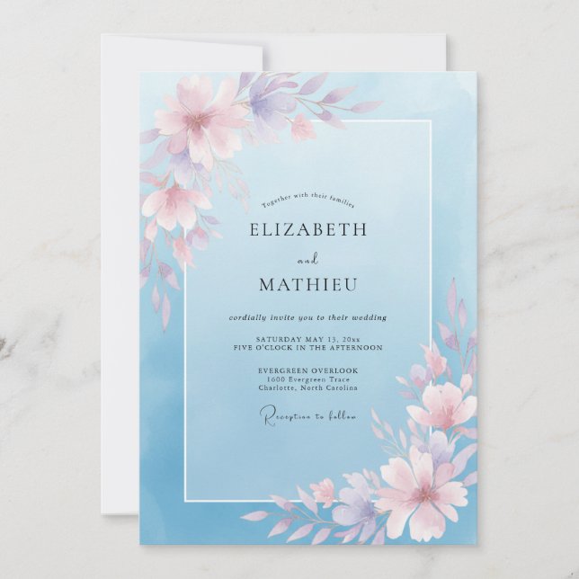 Dusty Blue Whispering Bloom Wedding Invitation (Front)