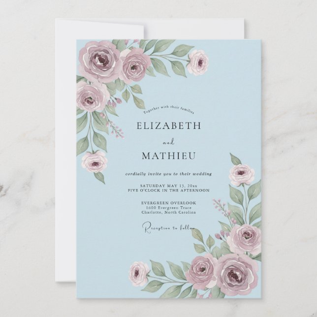 Dusty Blue Whispering Blossom Wedding Invitation (Front)