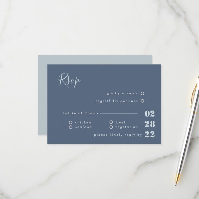 Dusty Blue White and Grey Calligraphy RSVP Wedding Card (Front/Back In Situ)