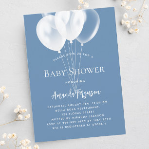 Dusty blue white balloons boy luxury baby shower invitation