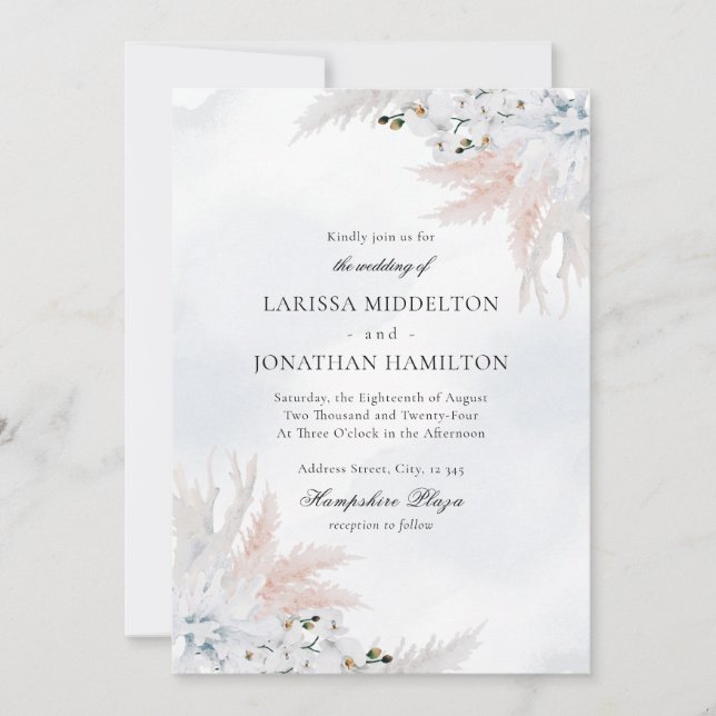 Dusty Blue & White Blush Floral Beach Wedding Invitation (Front)