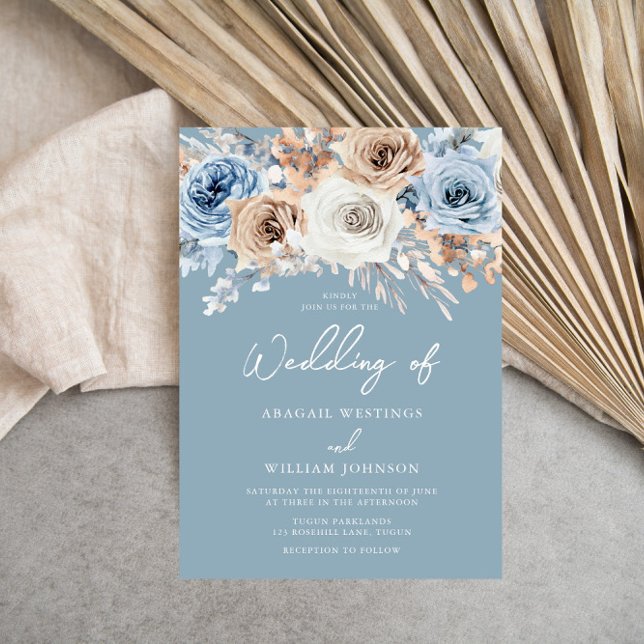 Dusty Blue White Bohemian Floral Modern Wedding Invitation (Creator Uploaded)