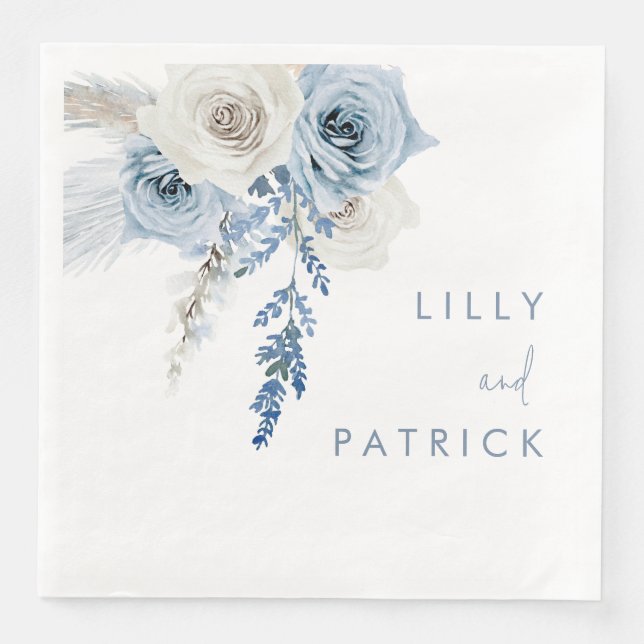 Dusty Blue & White Boho Floral Wedding Engagement Napkin (Front)