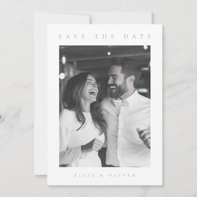 Dusty Blue & White Boho Photo Save the Date Invitation (Front)