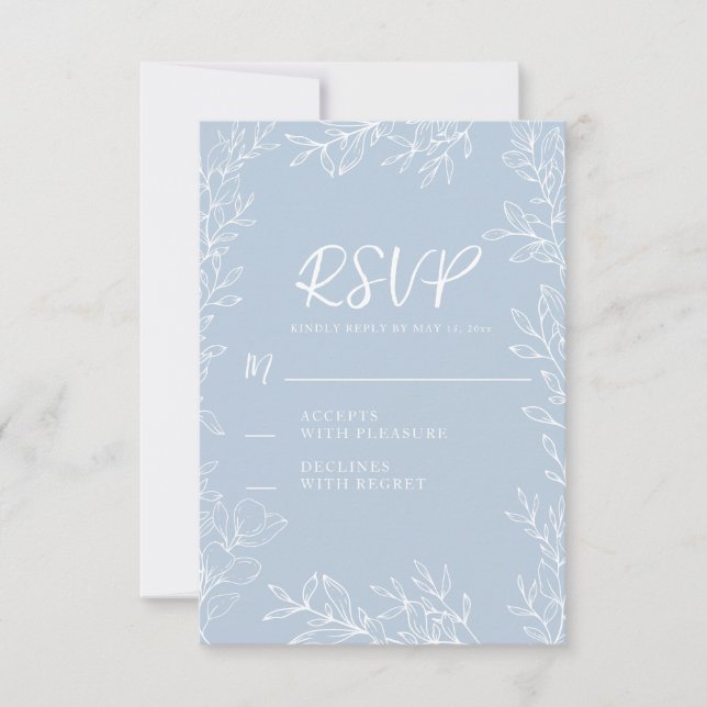 Dusty Blue White Botanical Leaves Wedding  RSVP Card (Front)