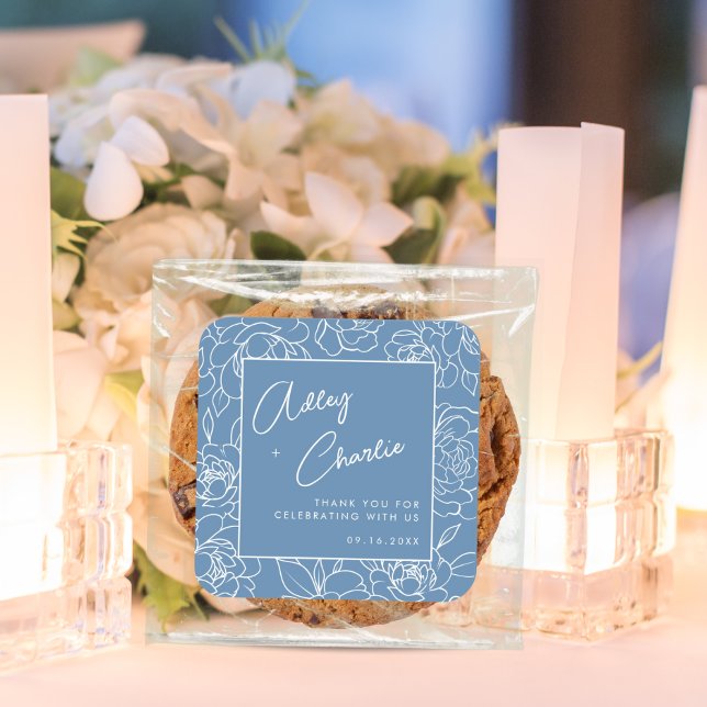 Dusty Blue White Botanical Wedding Favour Thank Yo Square Sticker (Creator Uploaded)