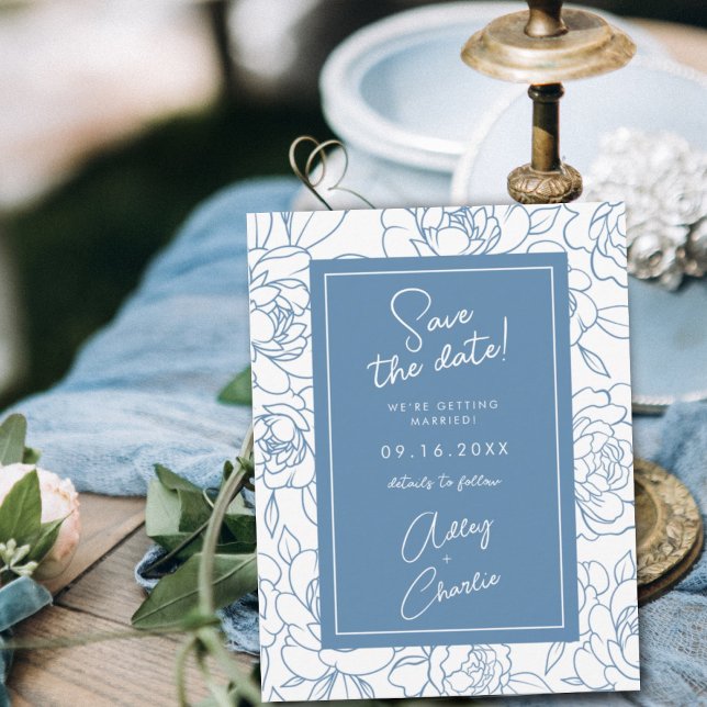 Dusty Blue & White Botanical Wedding Save the Date (Creator Uploaded)