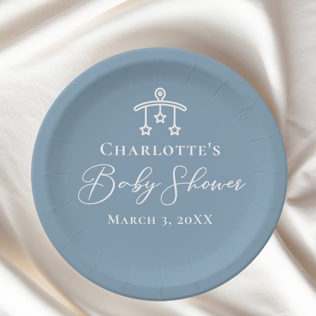Dusty Blue White Chic Minimalist Baby Shower Paper Plate (Creator Uploaded)