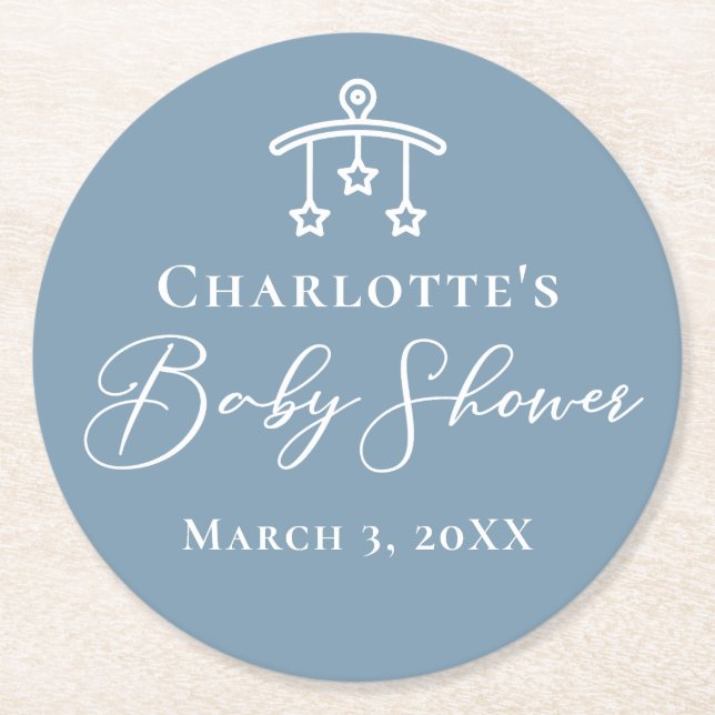 Dusty Blue White Chic Minimalist Baby Shower Round Paper Coaster (Front)