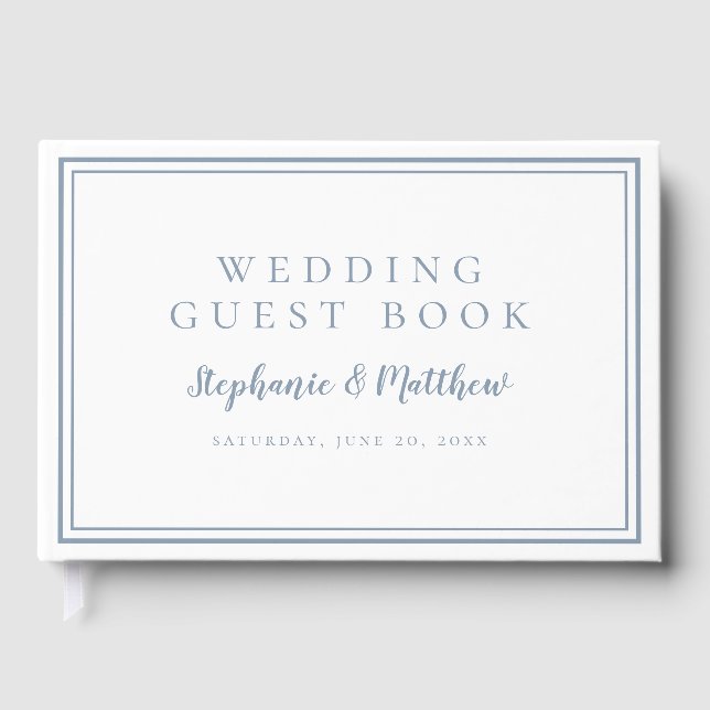 Dusty Blue & White Chic Simple Minimalist Wedding Guest Book (Front)