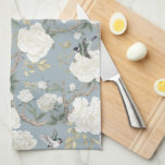 Dusty Blue White Chinoiserie Floral Porcelain Tea Towel<br><div class="desc">Beautiful chinoiserie-inspired design featuring soft ivory white peony flowers and elegant birds set against a luxurious dusty blue background</div>