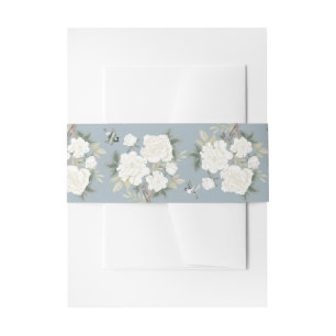Dusty Blue White Chinoiserie Floral Wedding Invitation Belly Band