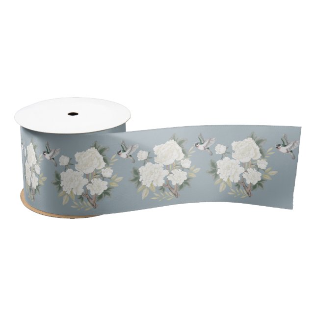Dusty Blue White Chinoiserie Porcelain Floral Bird Satin Ribbon (Spool)