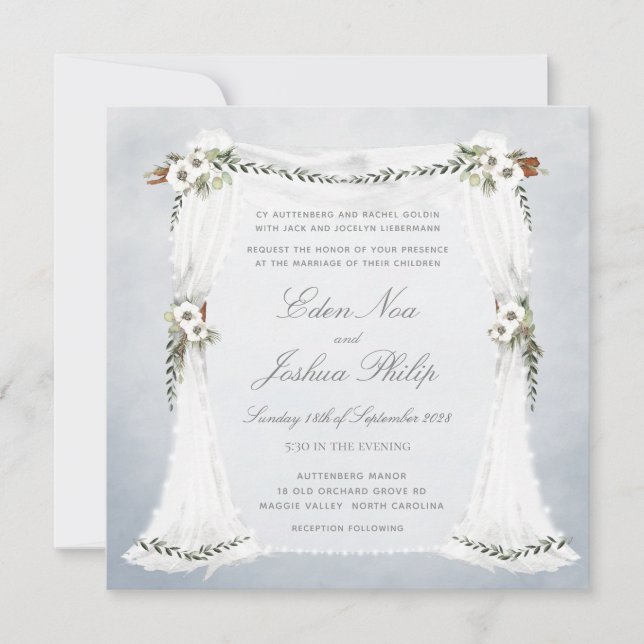 Dusty Blue White Chuppah Wedding Invitation (Front)