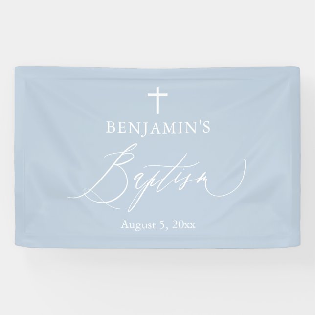 Dusty Blue White Cross Boy Baptism Backdrop Banner (Horizontal)