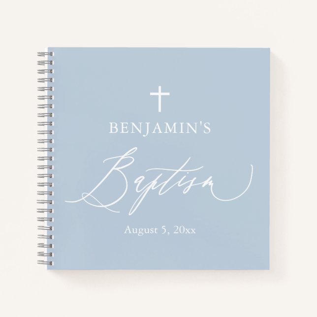 Dusty Blue White Cross Boy Baptism Guest Book (Front)