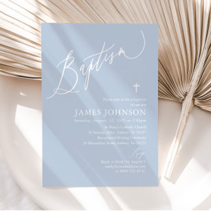 Dusty Blue White Cross Boy Baptism Invitation