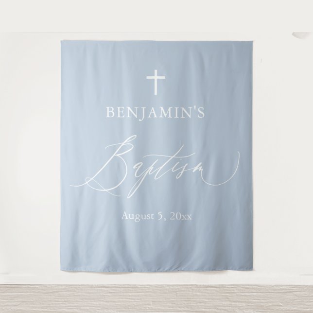 Dusty Blue White Cross Boy Baptism Photo Backdrop Tapestry (Front)