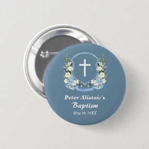 Dusty Blue White Cross Floral Crest Baptism Favour 6 Cm Round Badge
