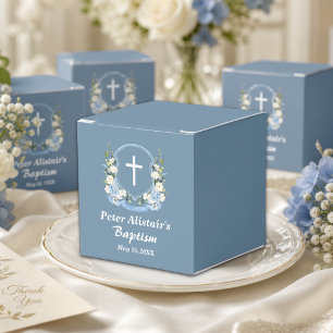 Dusty Blue White Cross Floral Crest Baptism Favour Box
