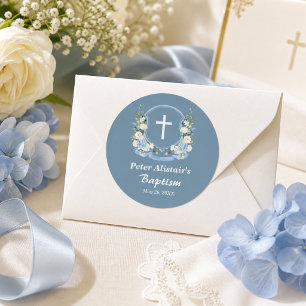 Dusty Blue White Cross Floral Crest Baptism Favour Classic Round Sticker