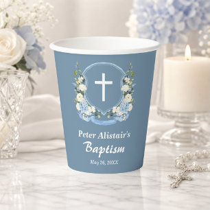 Dusty Blue White Cross Floral Crest Baptism Favour Paper Cups