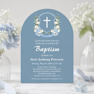 Dusty Blue White Cross Floral Crest Baptism Invitation