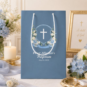 Dusty Blue White Cross Floral Crest Baptism  Medium Gift Bag