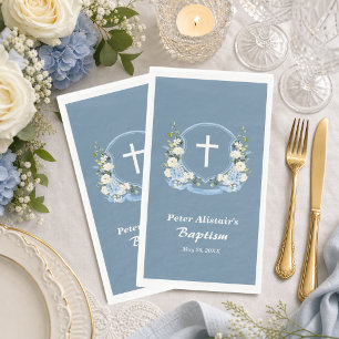 Dusty Blue White Cross Floral Crest Baptism  Napkin