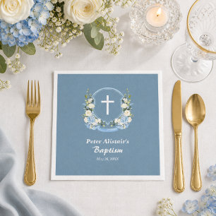 Dusty Blue White Cross Floral Crest Baptism Napkin