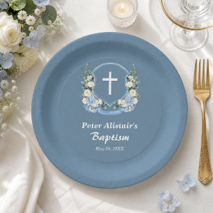 Dusty Blue White Cross Floral Crest Baptism  Paper Plate